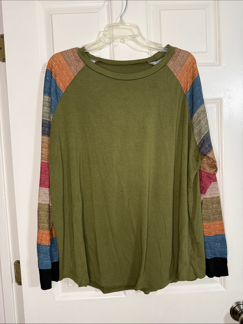 Olive Green Long Sleeve Raglan Top with Multicolor Stripe Sleeves